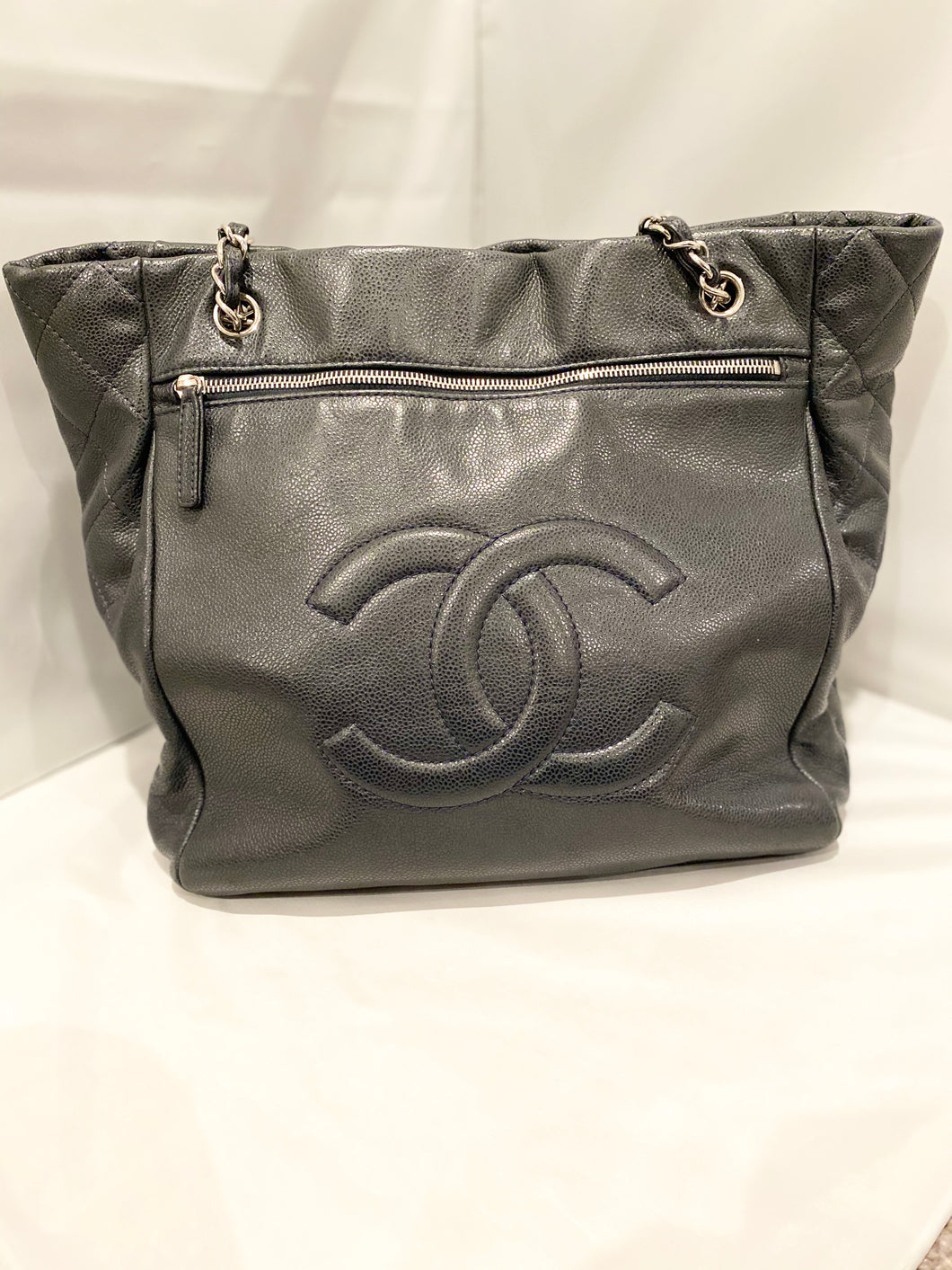 Chanel- Navy Caviar Logo Shopper Tote